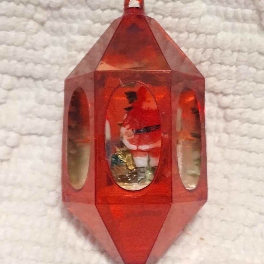 Vintage Red Plastic Lantern Christmas Ornament Santa Claus Diorama 3 Inch